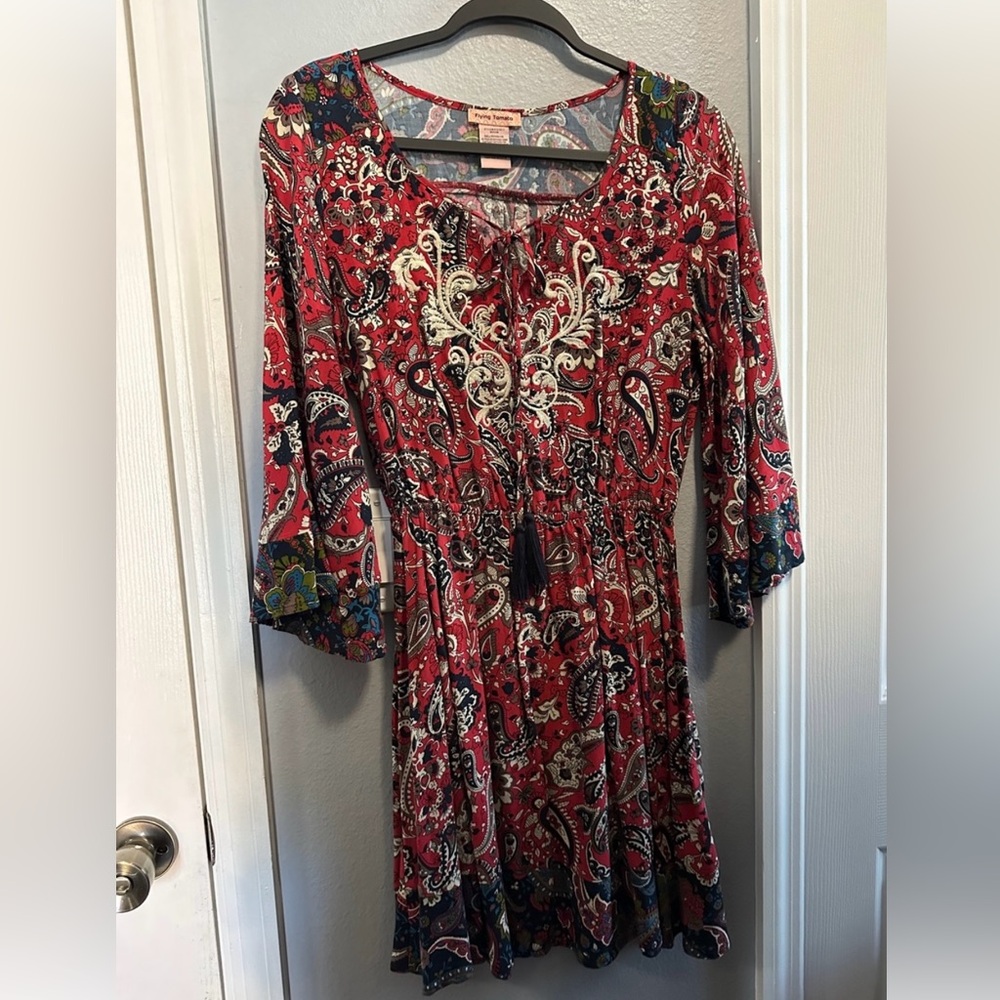 Flying Tomato Red Paisley Tie-Front 3/4 Sleeve Dress